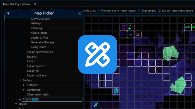 A screenshot of Luminol's map editor, with a map picker window to the side.