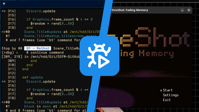 A screenshot of a debugging terminal, integrated to a window running OneShot: Fading Memory to the side.